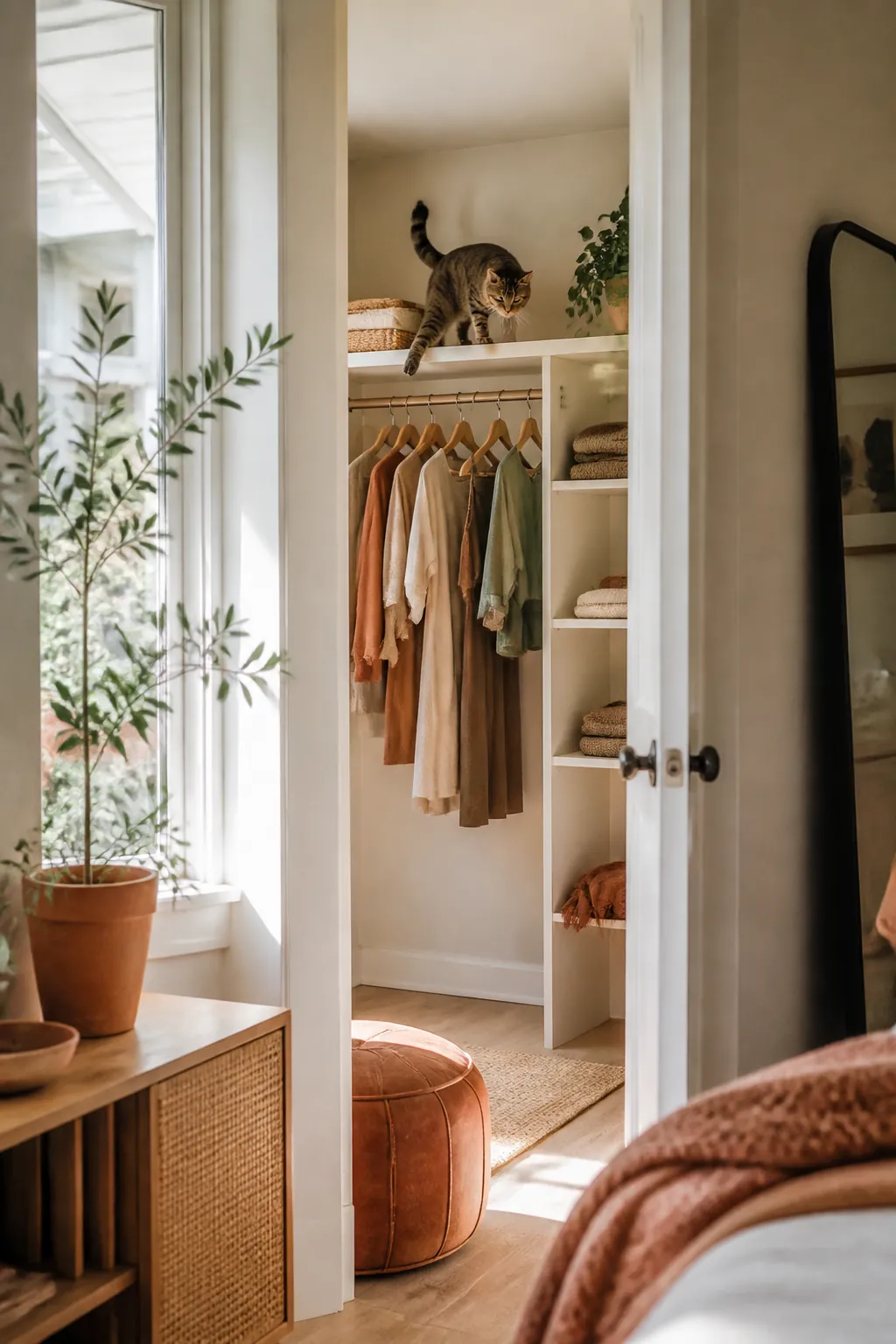 Cat stepping onto a closet's existing built-in shelf above where the rod used to hang.
