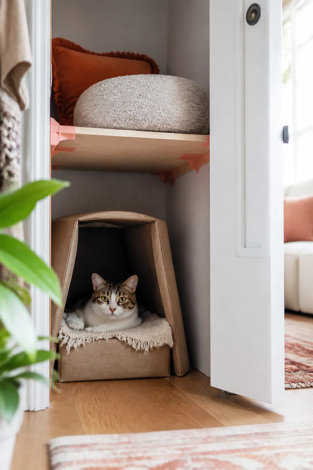 Cat den and shelf held with tape inside a closet, door left open for a week-long trial.