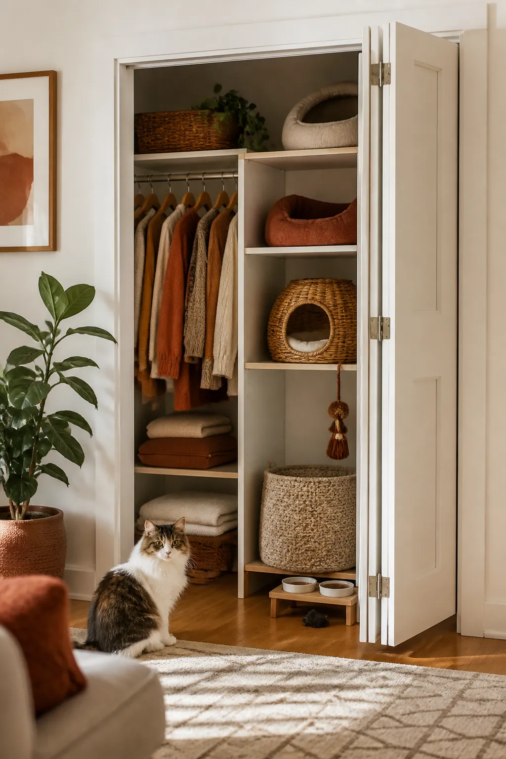 Bifold closet door folded flat against the frame, closet interior visible and door opening clear.