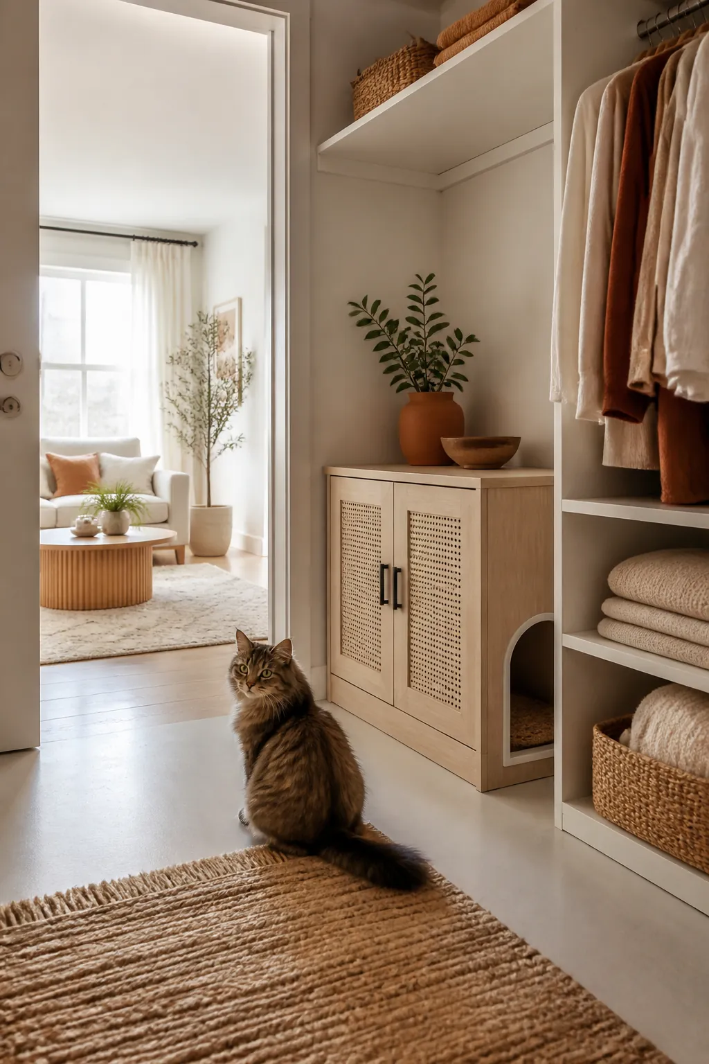 Litter box enclosure cabinet set against the closet's back wall, clear floor space toward the door.