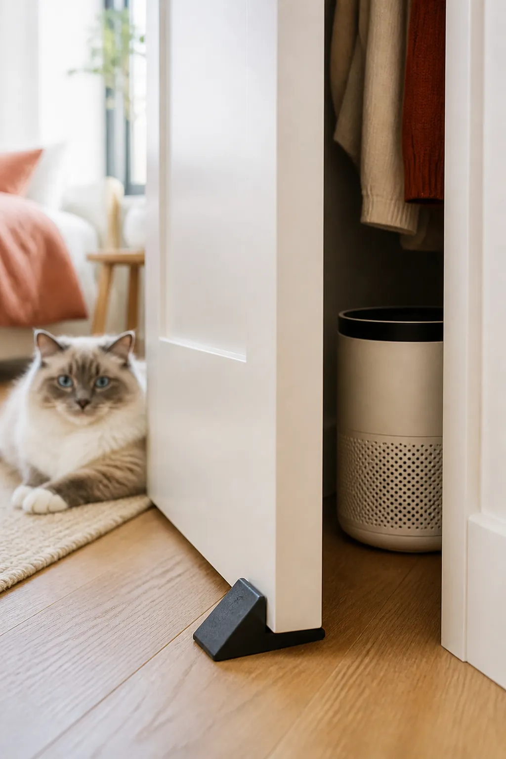 Rubber door wedge propping a closet door open a few inches, compact air purifier on the floor inside.