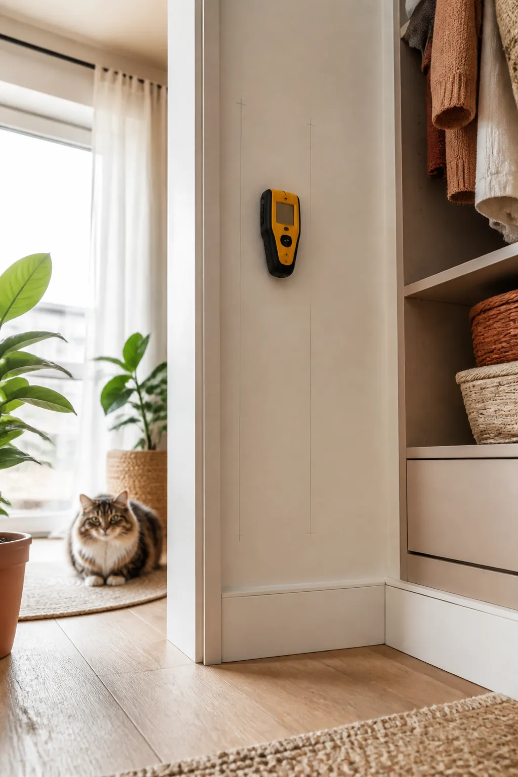Stud finder pressed against a closet wall with pencil marks showing stud locations before drilling.