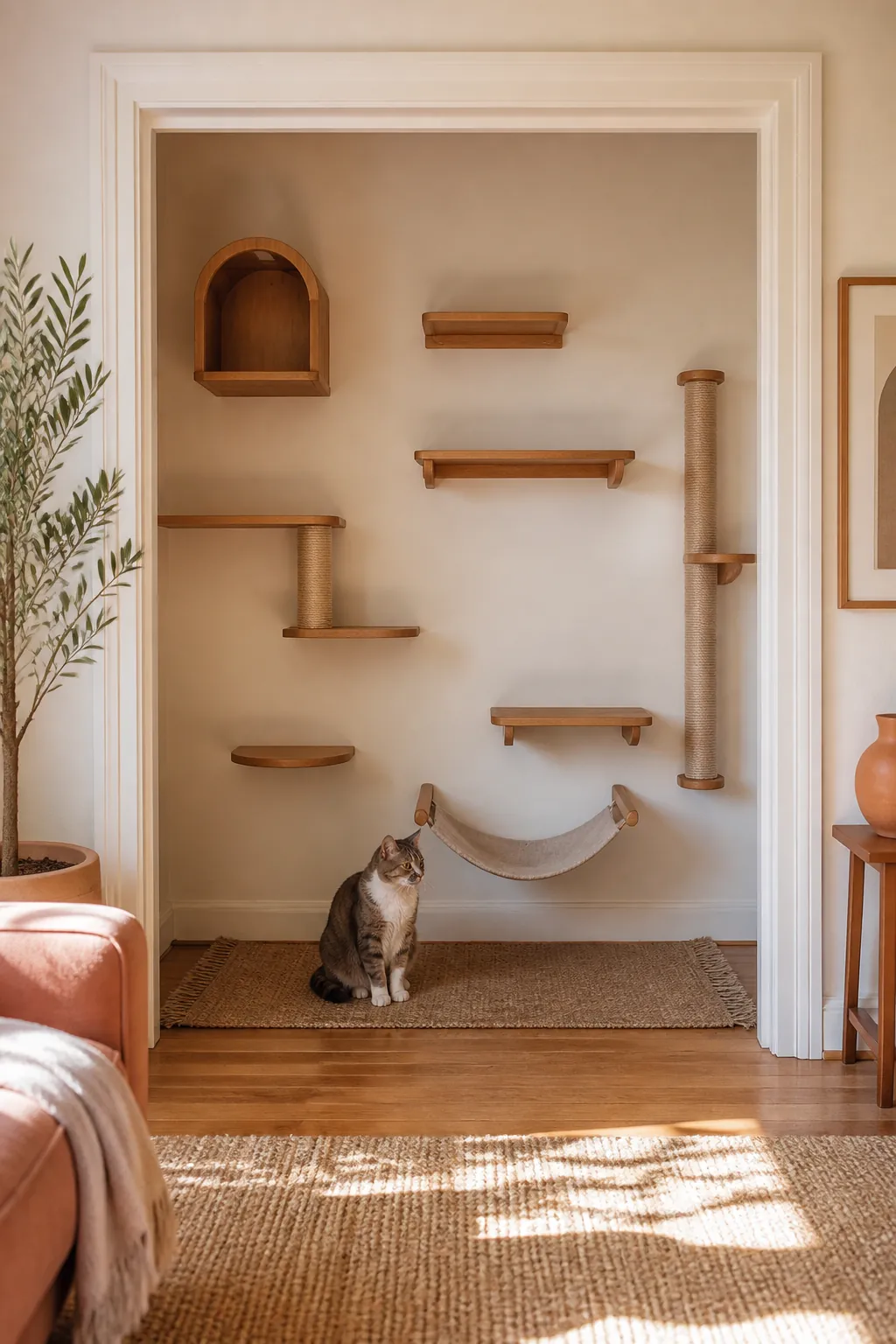 Wall shelf pieces laid out on a closet floor, spaced out before being held against the wall.