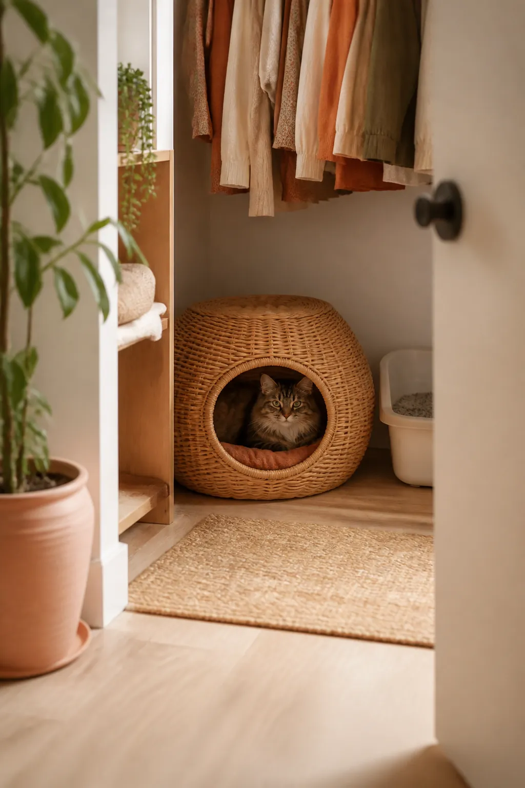 Rattan cat den resting on a closet floor, positioned away from the litter box and shelf base.