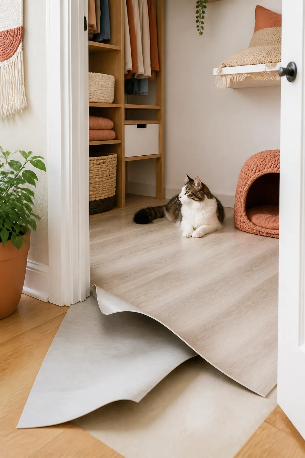 Peel-and-stick vinyl flooring sheet being pressed into place across a closet floor, cut to the walls.