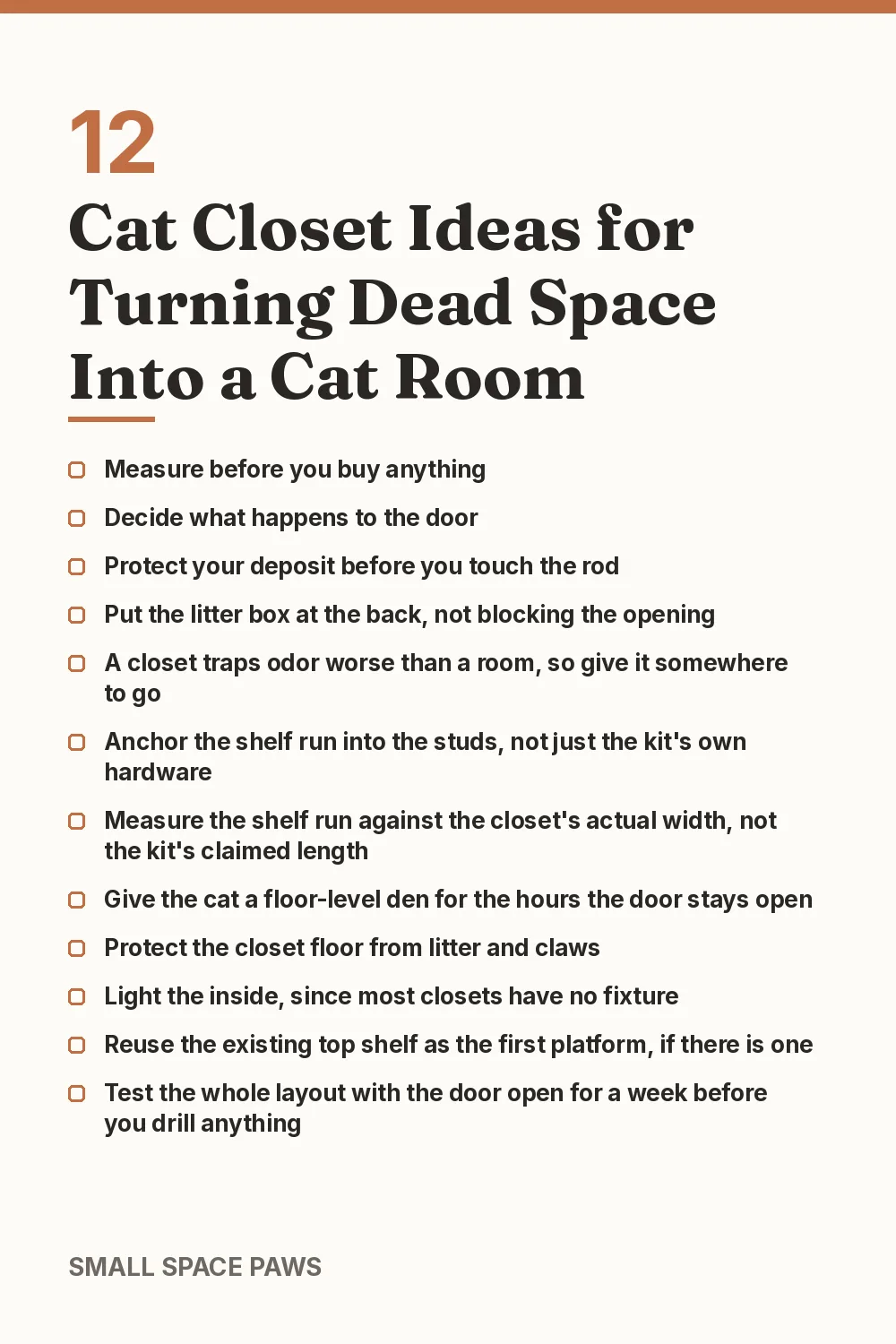 Checklist of every idea in 12 Cat Closet Ideas for Turning Dead Space Into a Cat Room