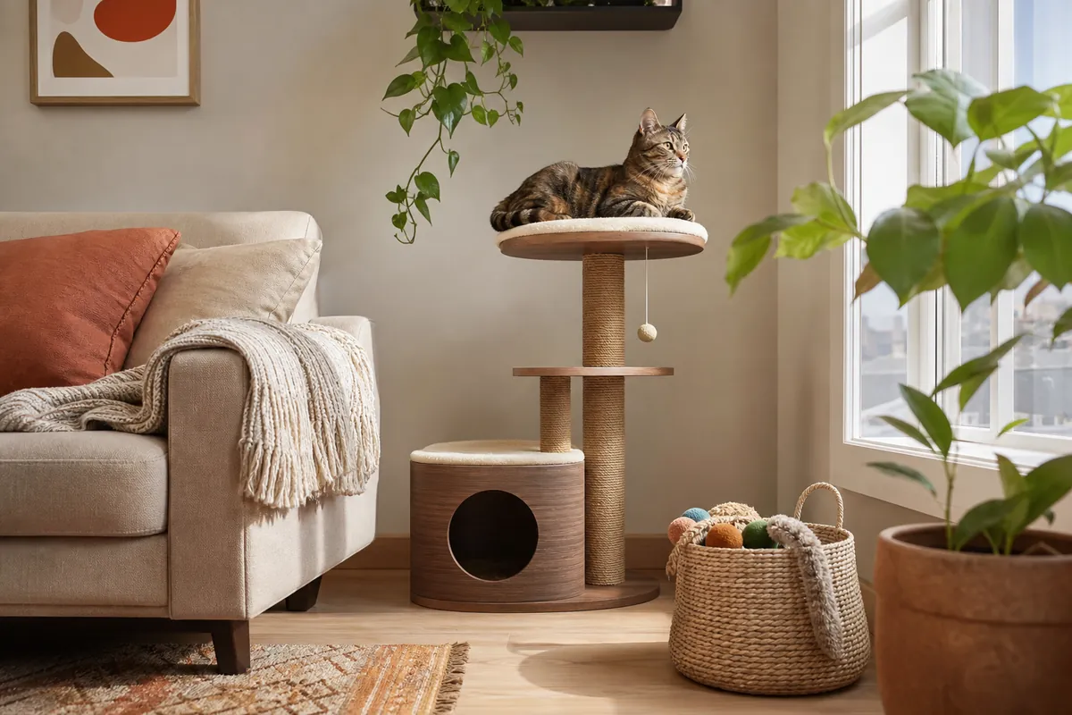 A living room corner set up for a cat, with a compact tower against two walls and the floor left clear in front.