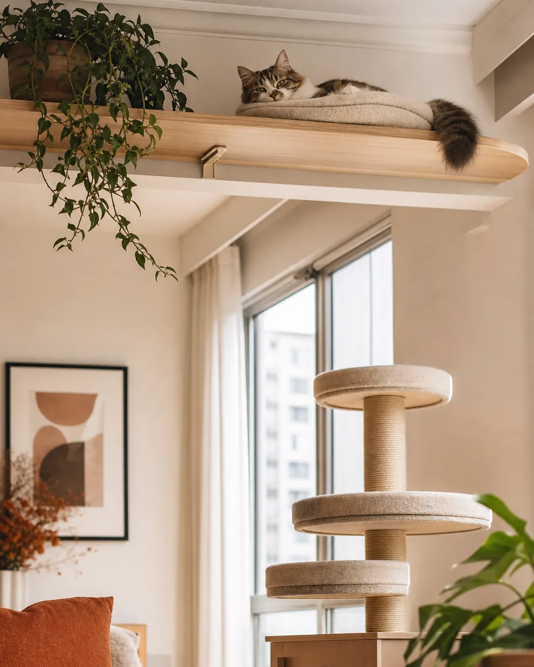 Cat resting on a high shelf mounted above a tower near the ceiling
