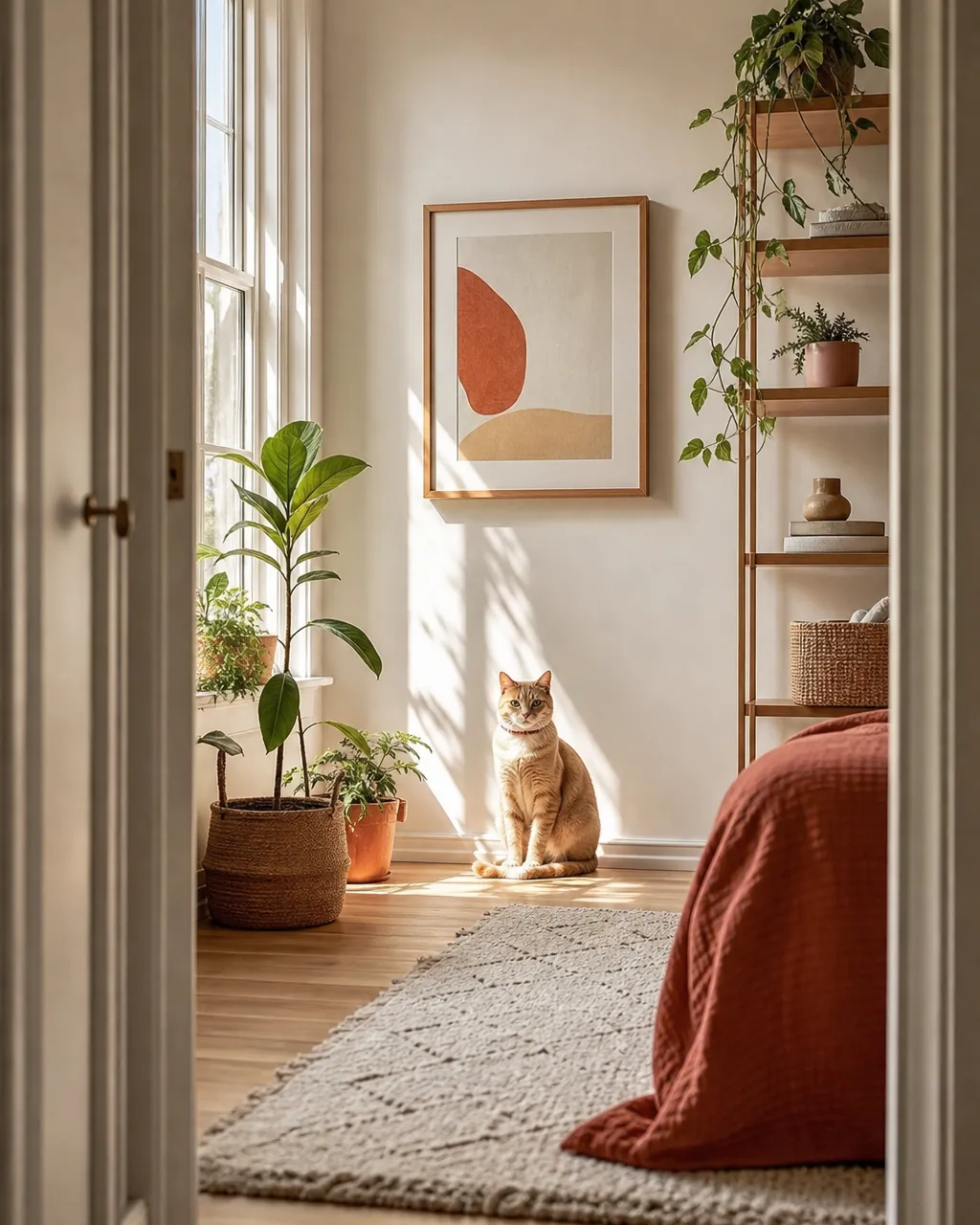 Corner lit by a nearby window with a cat sitting in the patch of light