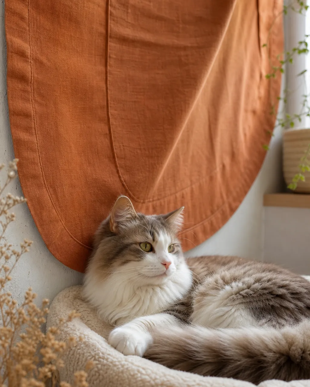 Fabric panel hung on an outside wall behind a cushioned cat bed
