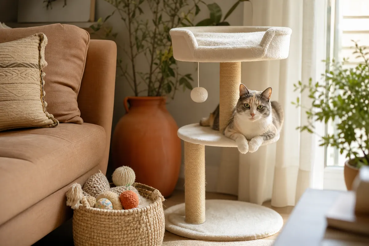 A close-up of a woven rope basket holding cat toys beside a sisal scratching post.