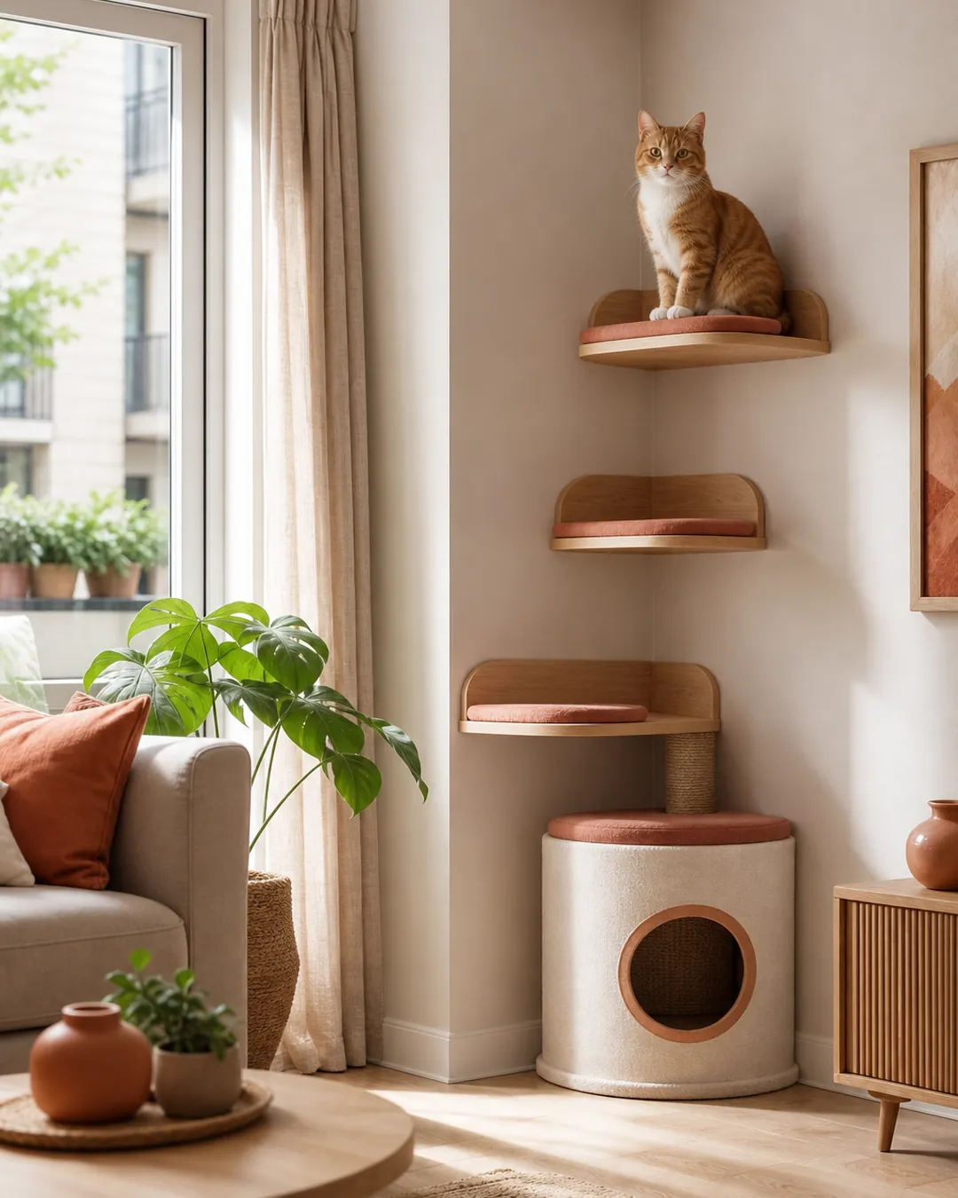 Three wall-mounted cat steps rising above a corner tower with clear floor below