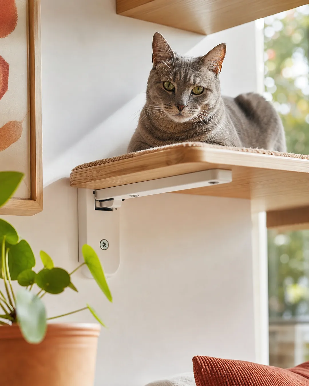 Wall bracket screwed firmly into plaster behind a mounted cat shelf