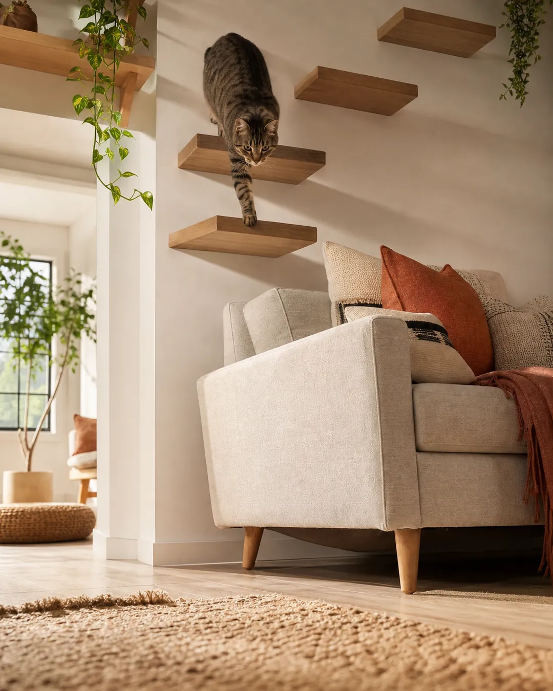 Cat descending staggered wall steps toward a sofa arm waiting below
