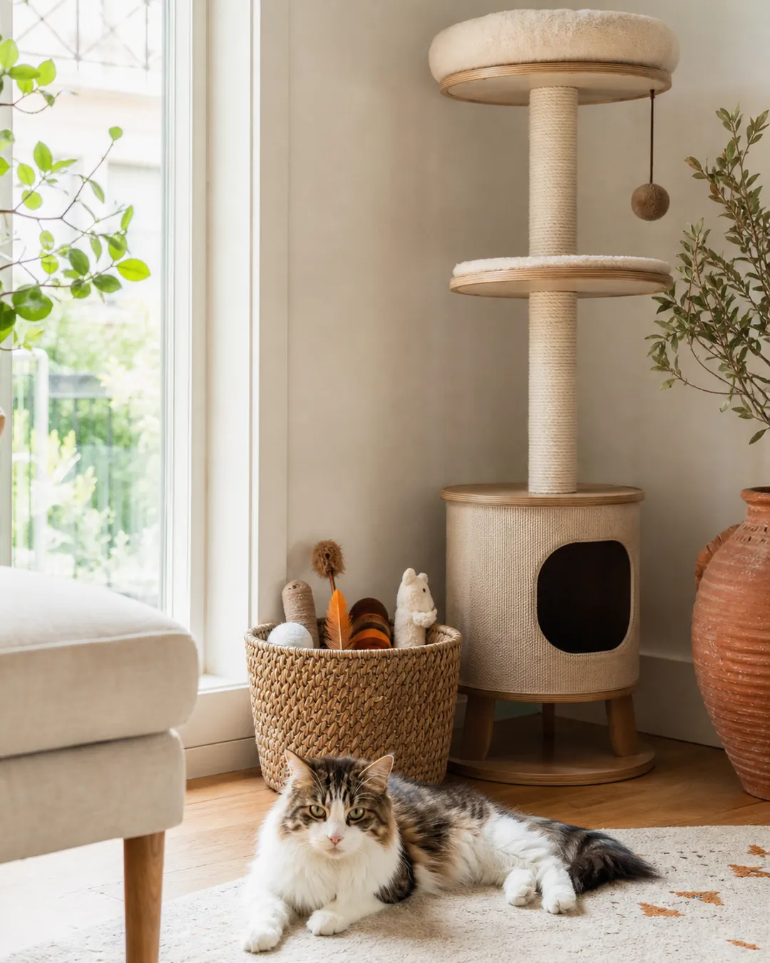 Woven basket of cat toys standing at the foot of a corner cat tower