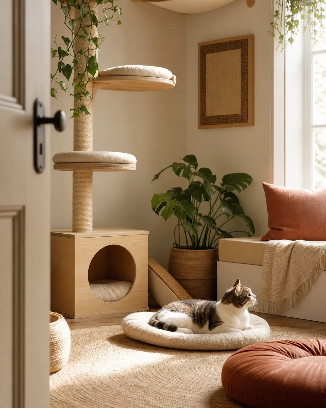 Cat corner built from pale wood, sisal and cream fabric with no plastic