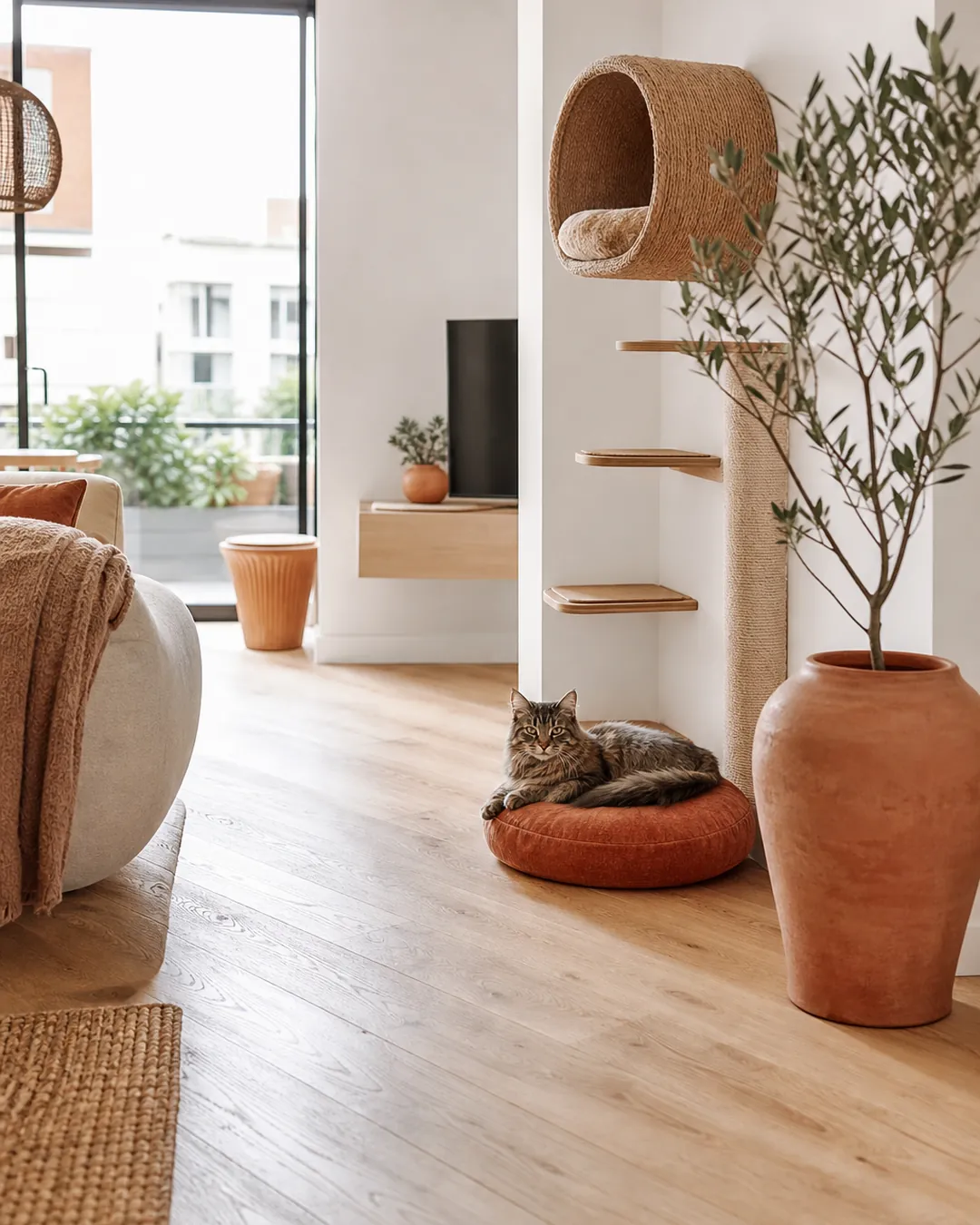 Cat corner with clear floor running diagonally out into the room beyond