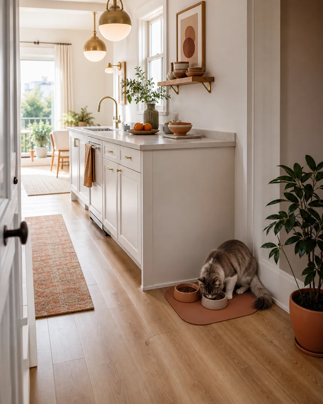 Cat feeding mat at the end of a kitchen cabinet run, clear of the path