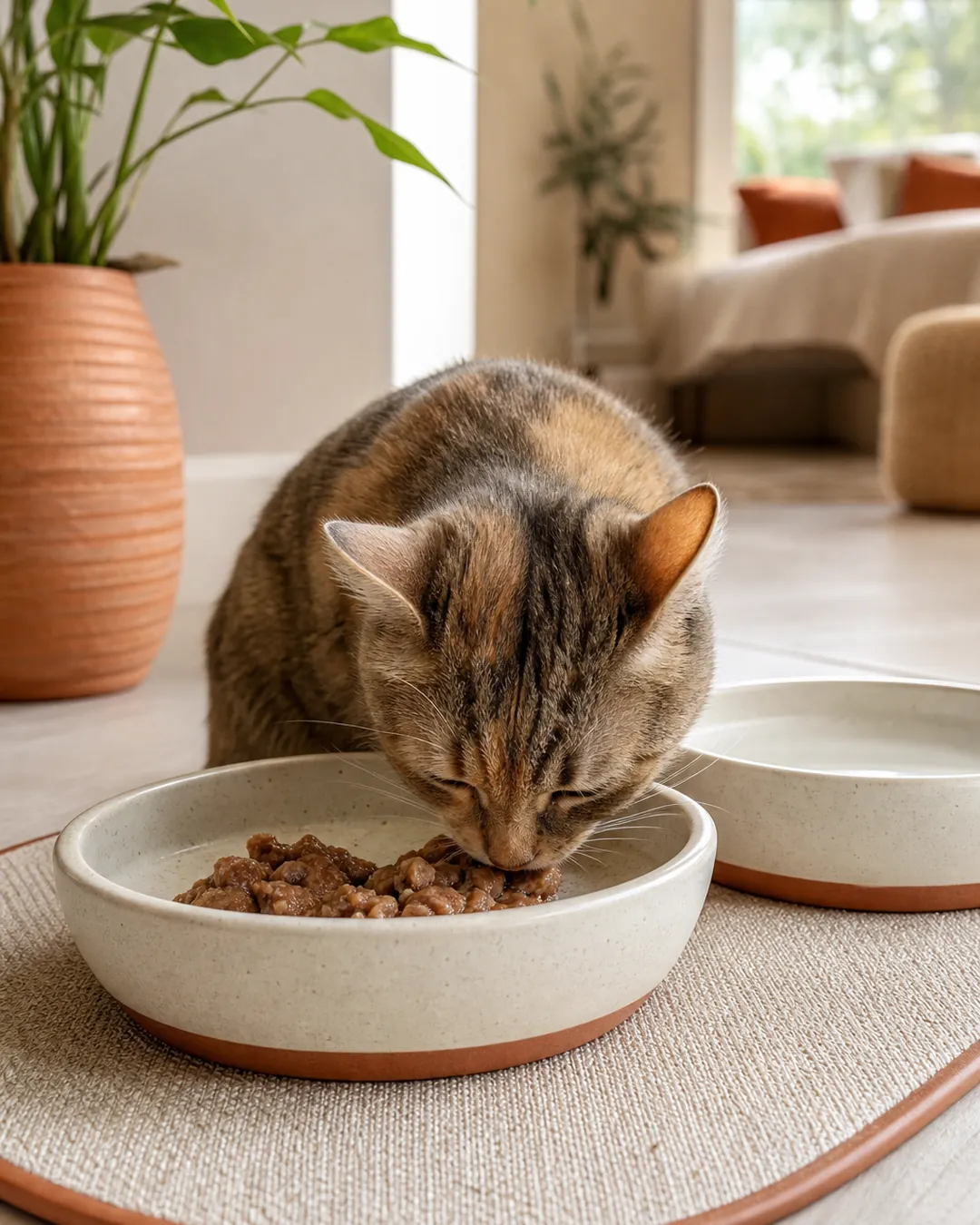 Two wide shallow ceramic cat bowls on a mat with a cat eating from one