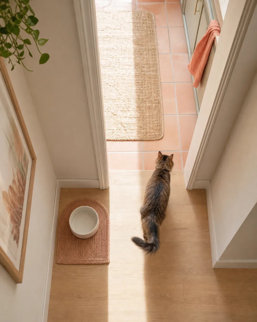 Water bowl on a mat in a hallway with the kitchen visible beyond