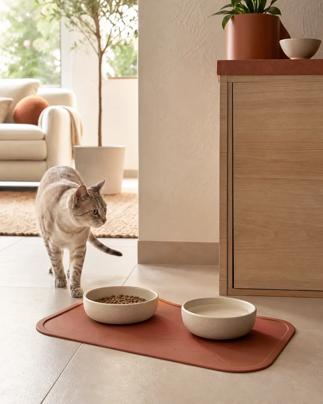 Heavy silicone feeding mat lying perfectly flat on tile with bowls on it