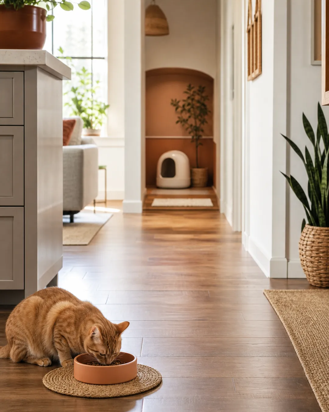 Food bowl in a kitchen with a litter enclosure far off down the hallway