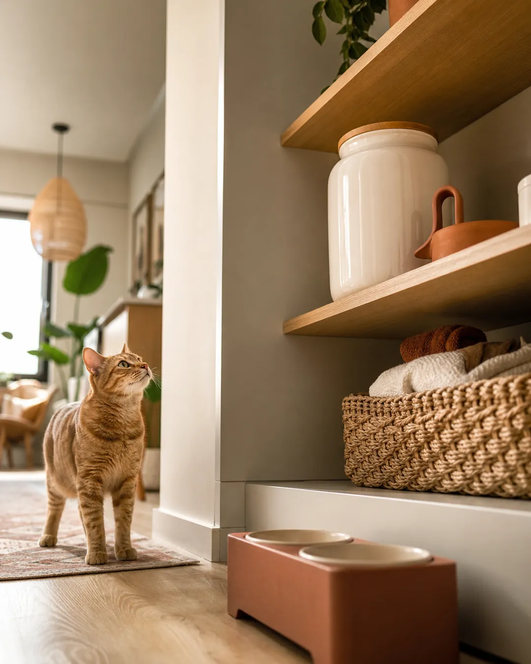 Ceramic treat jar with a bamboo lid standing on an open kitchen shelf