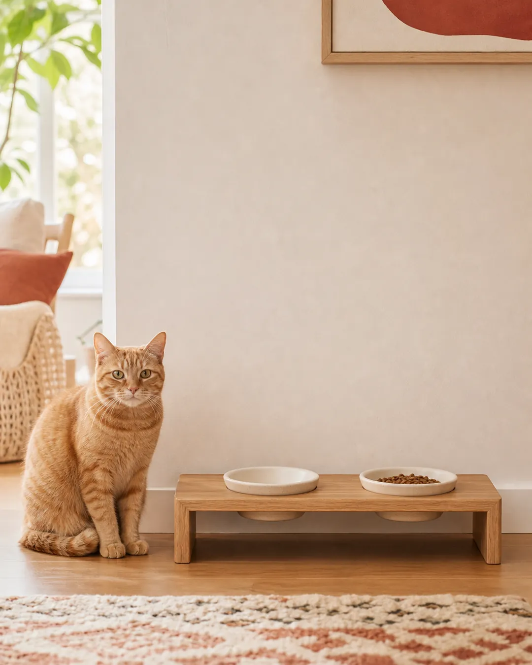 Low riser holding two cat bowls slightly above the kitchen floor level