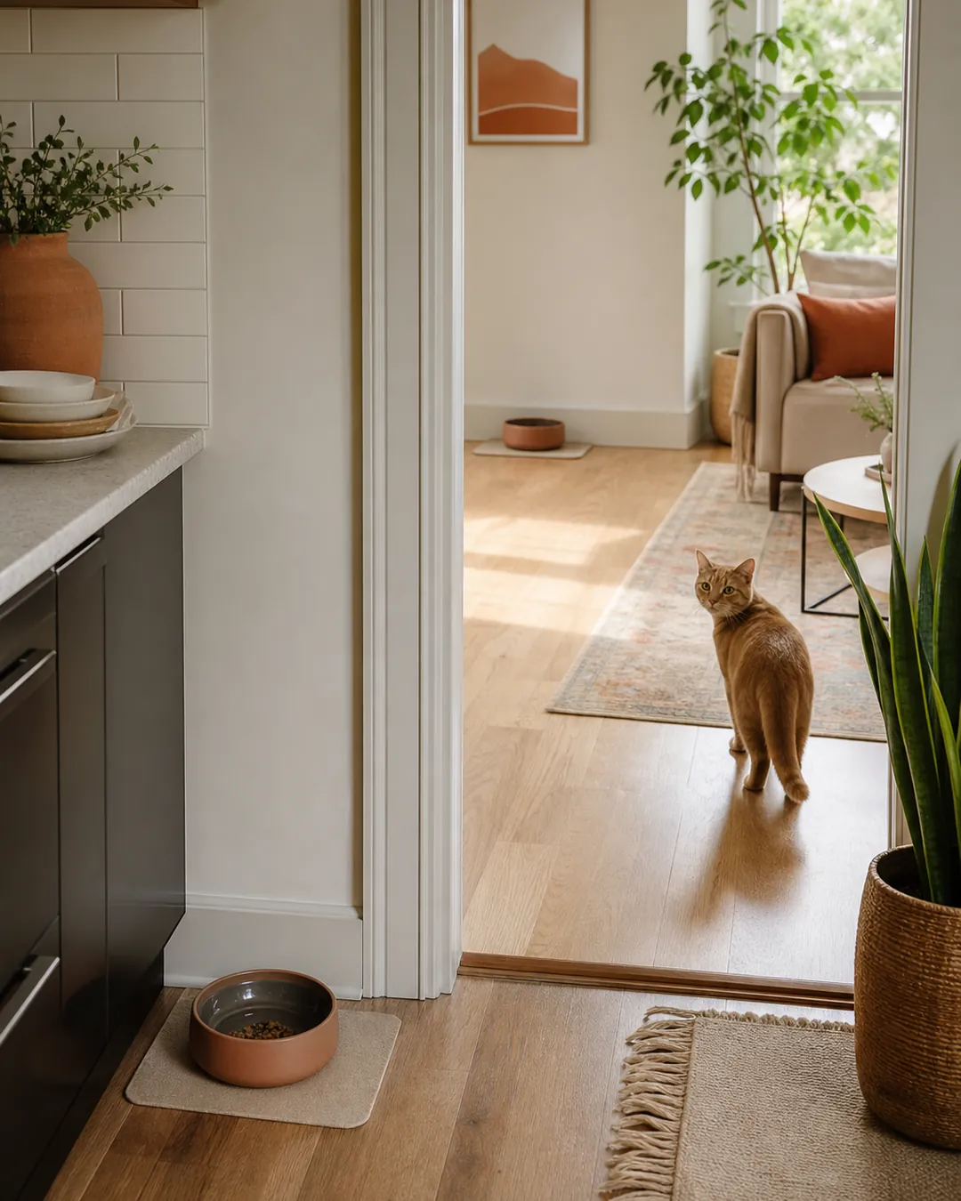 One cat bowl in a kitchen corner and a second one in an adjoining room
