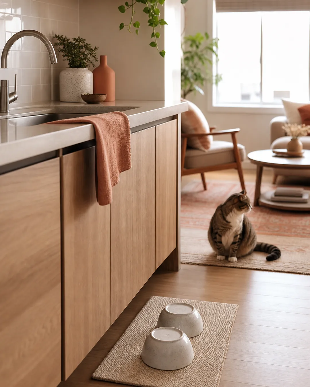 Two ceramic cat bowls draining upside down on a rack beside a sink