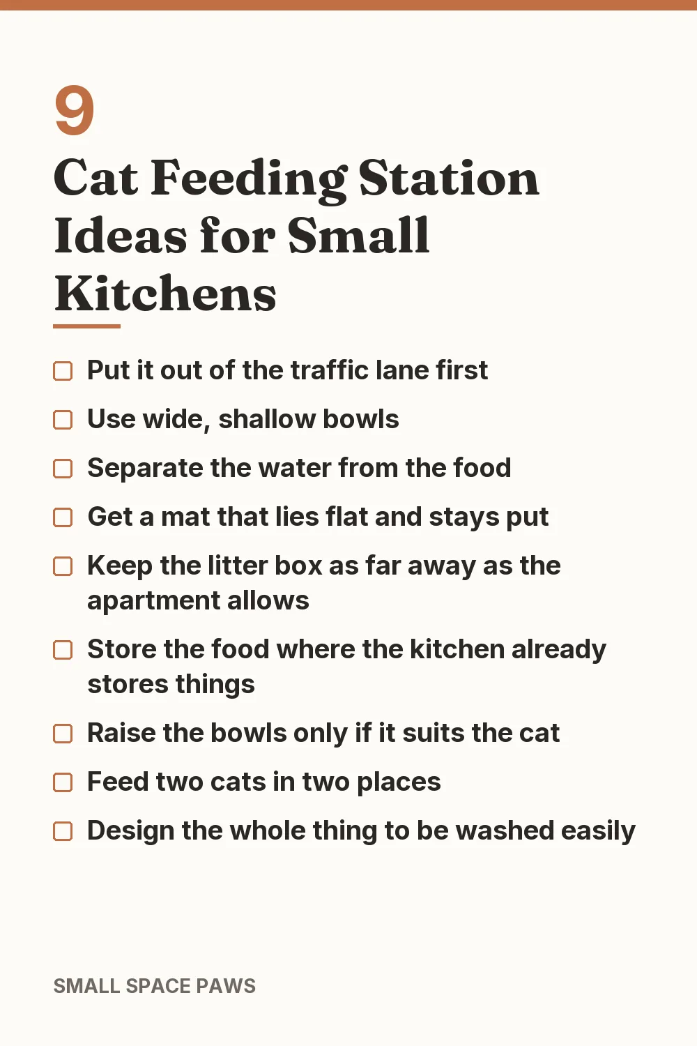 Checklist of every idea in 9 Cat Feeding Station Ideas for Small Kitchens
