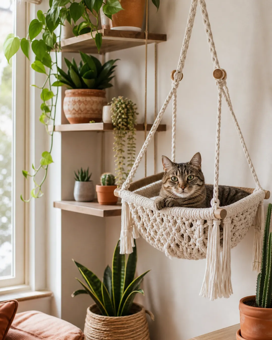 Macrame hanging cat hammock suspended beside a shelf of trailing plants