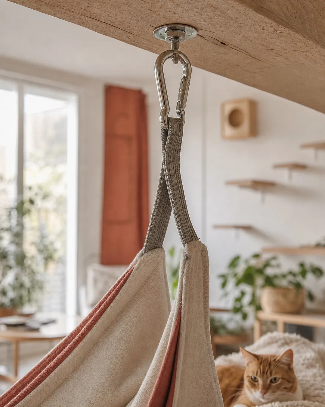 Ceiling hook screwed into a joist with a hammock strap looped through
