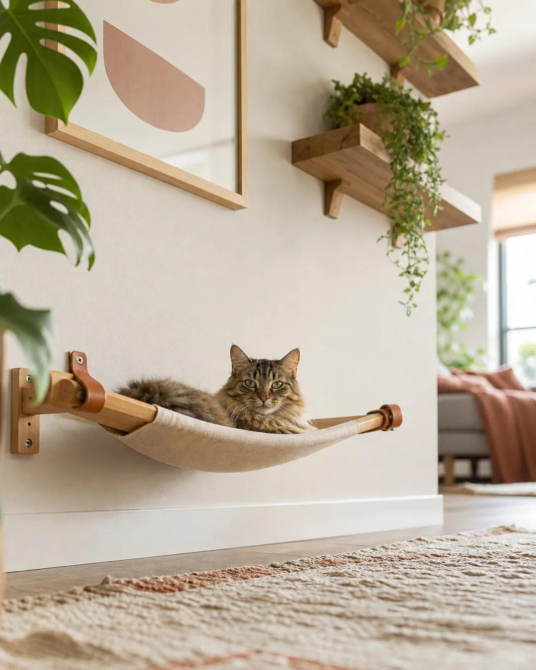 Wall-mounted cat hammock fixed at knee height above a soft rug