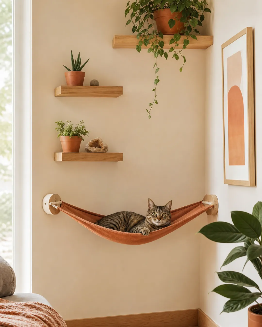Cat hammock fitted into a corner with walls behind and to one side