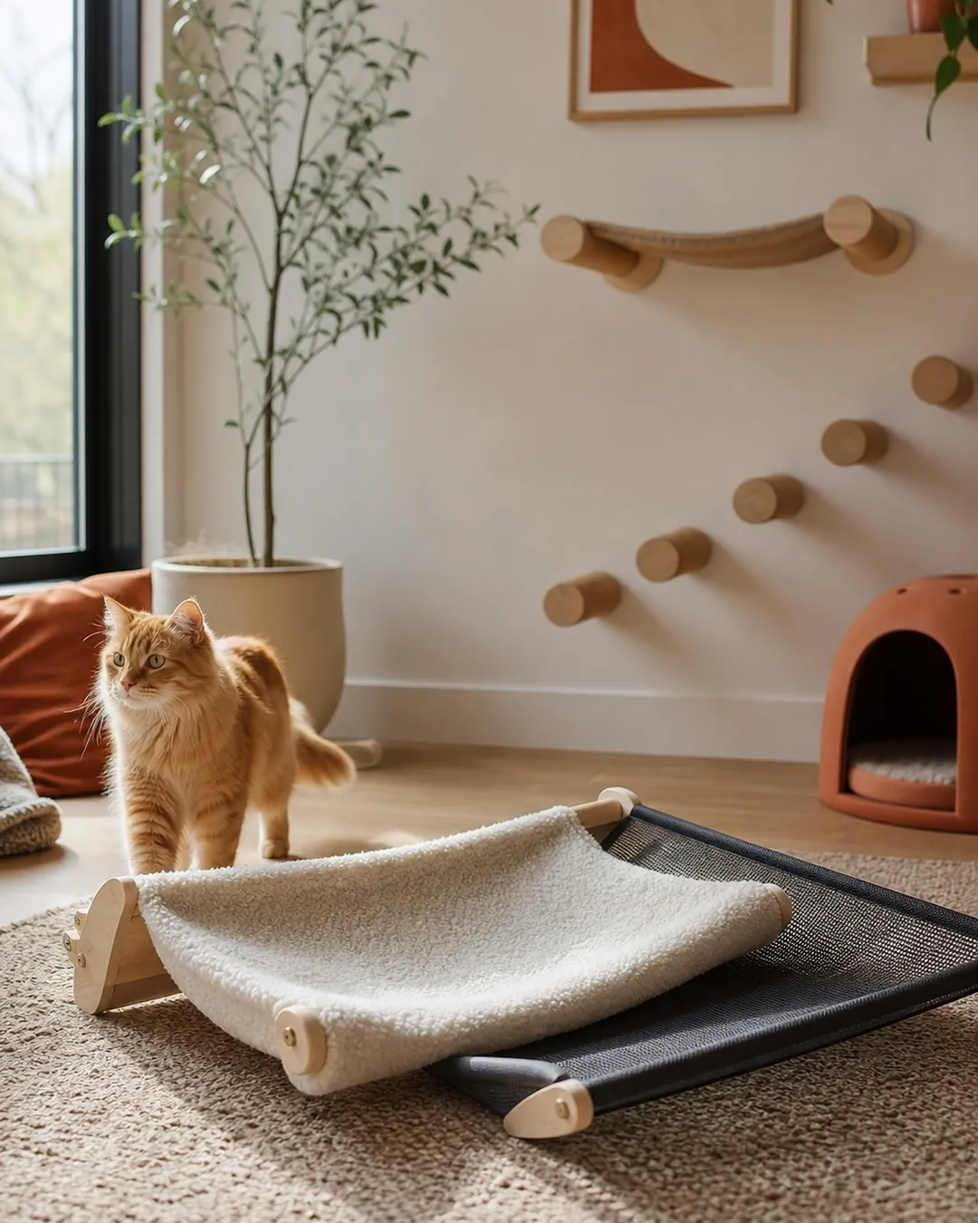 Cat standing beside a low hammock frame with its fabric sling in place