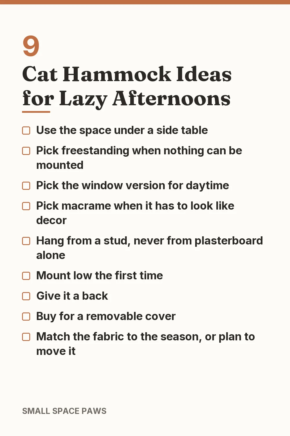 Checklist of every idea in 9 Cat Hammock Ideas for Lazy Afternoons