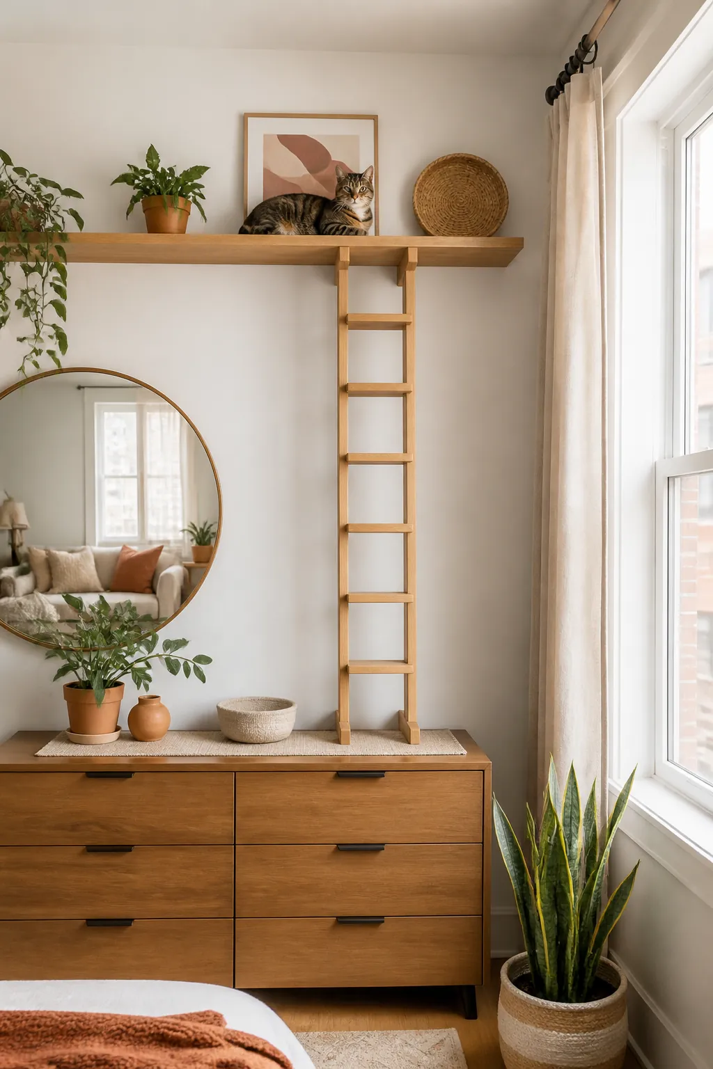 Wooden cat ladder positioned between the top of a dresser and a high wall shelf