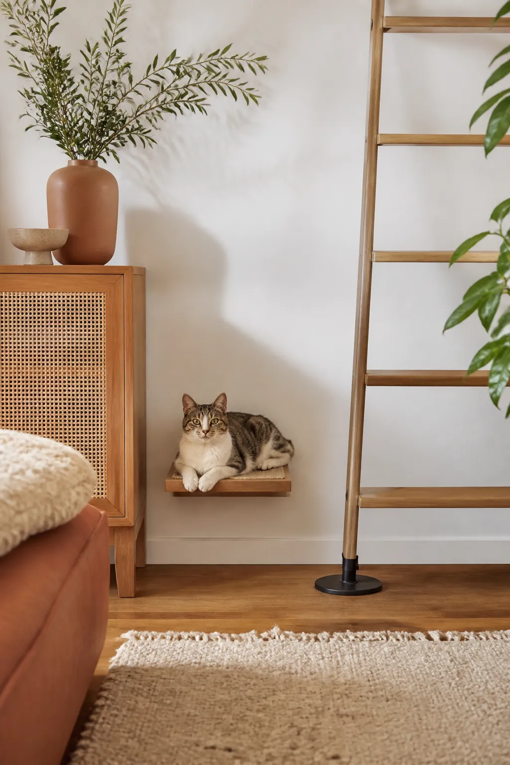 Small floating cat step placed on the floor between furniture and the base of a ladder