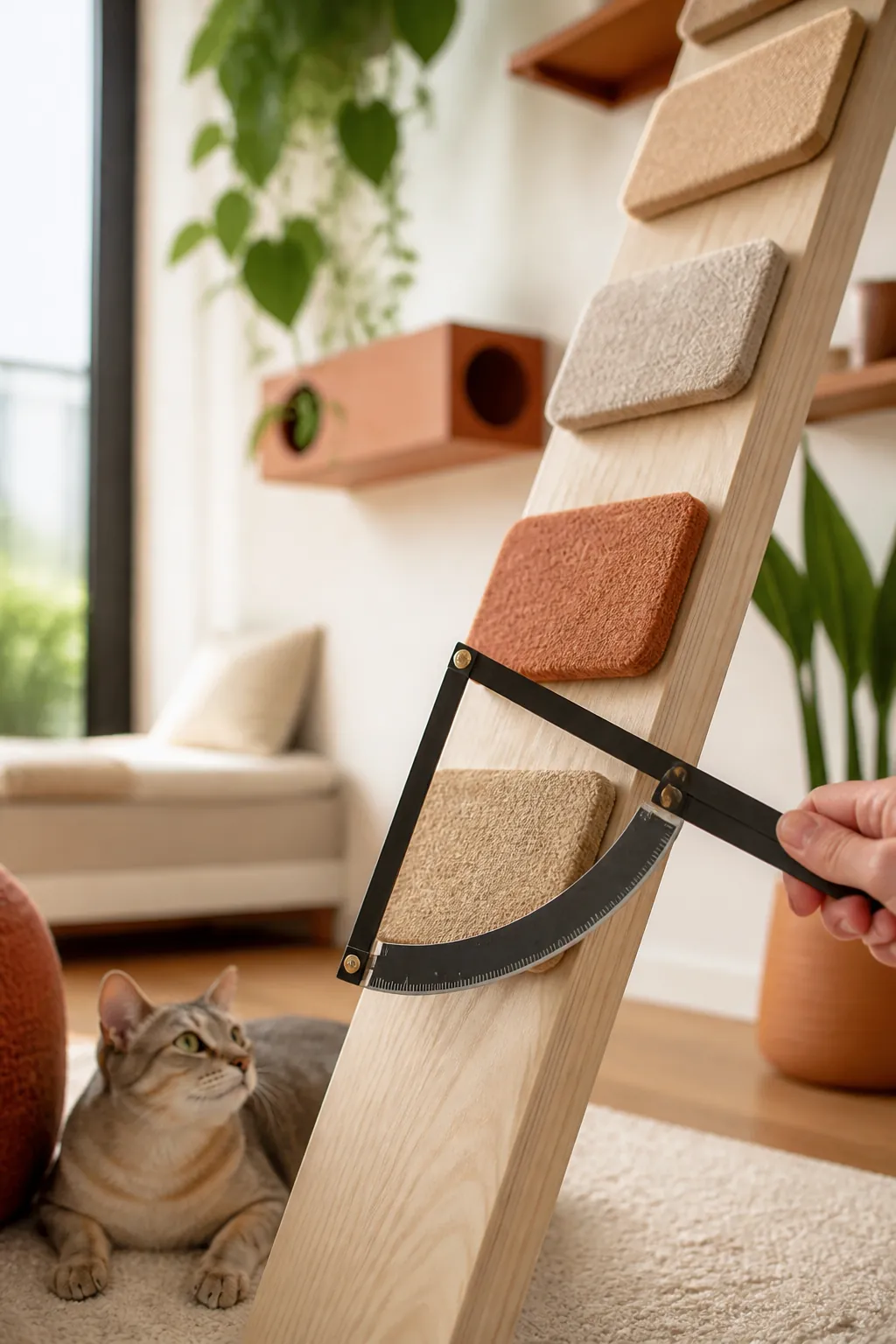 Angle finder held against a leaning cat ladder measuring its pitch off the floor