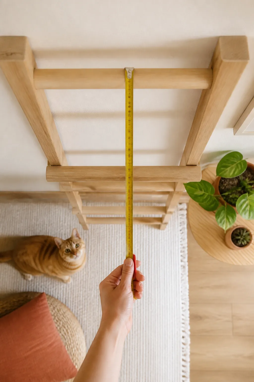 Tape measure held vertically between two rungs on a wooden cat ladder