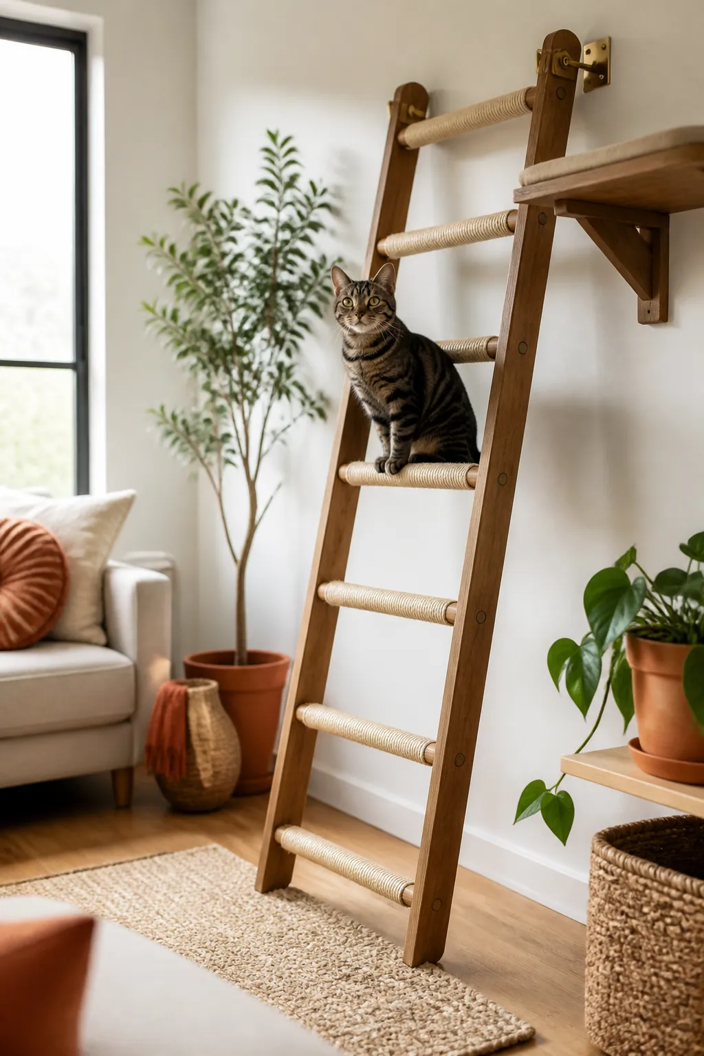 Sisal grip strips wrapped around several rungs of a wooden cat ladder