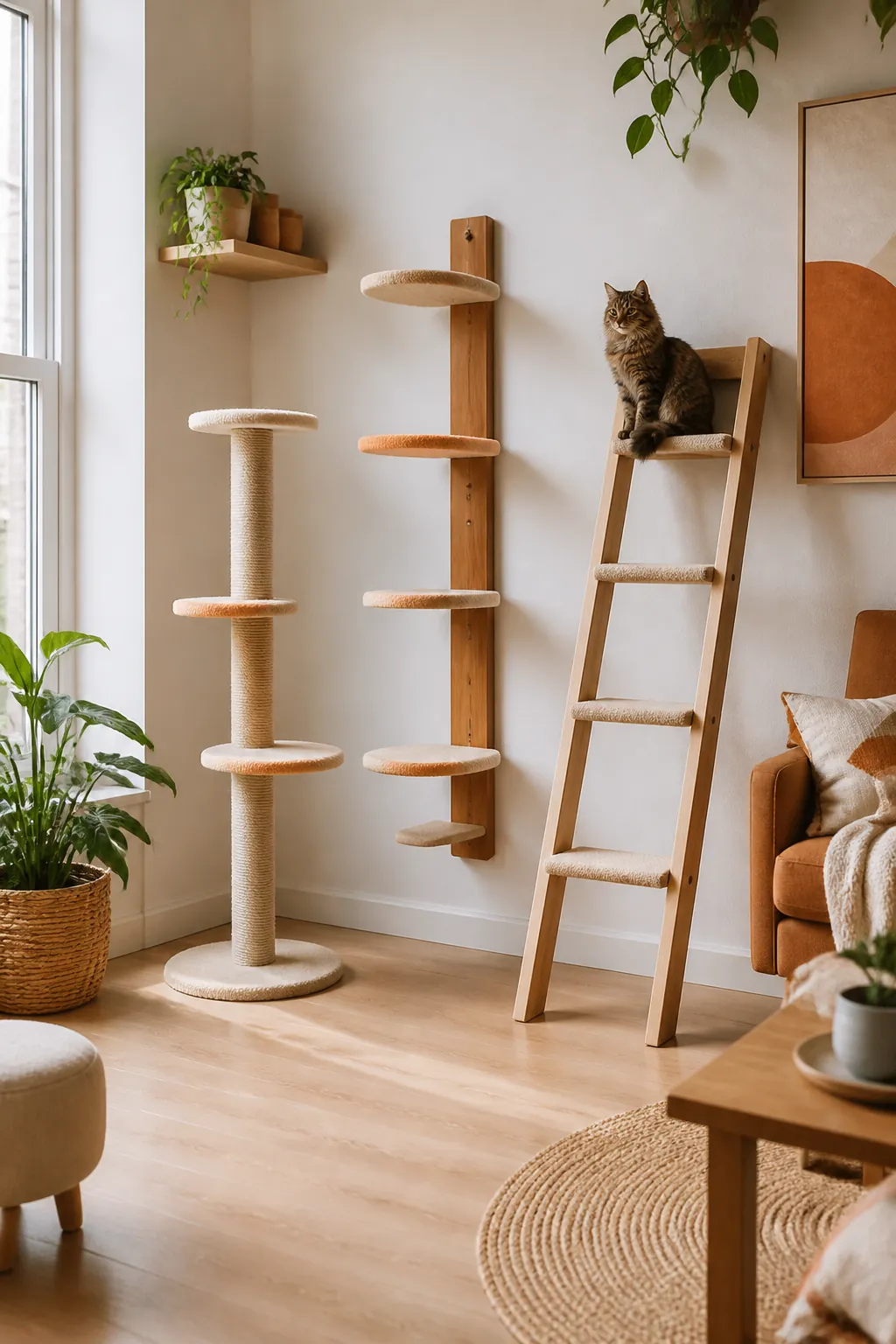 Three cat ladders of different styles lined up side by side against a wall