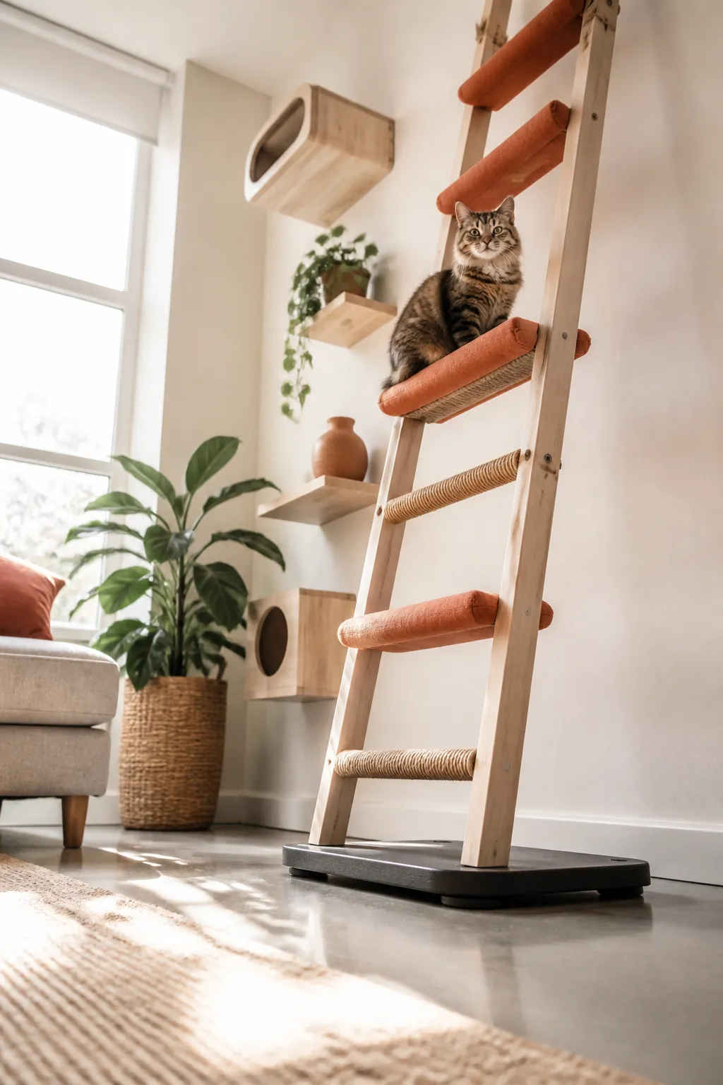 Weighted base plate with rubber feet under a freestanding leaning cat ladder