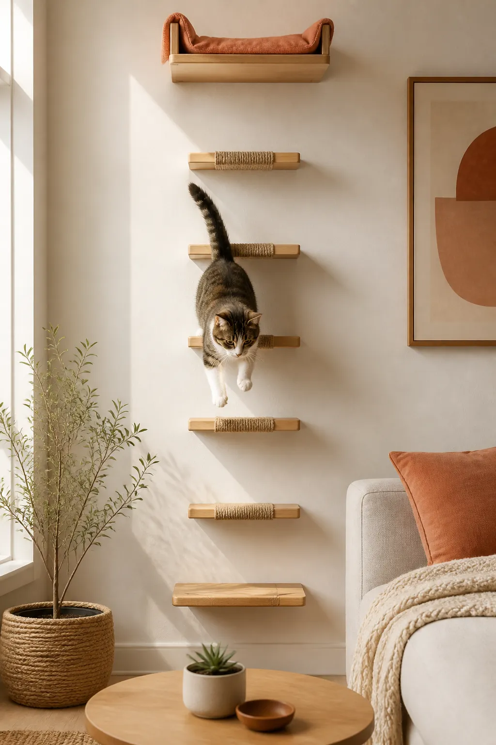 Cat landing mid-jump on a middle rung of a mounted cat ladder