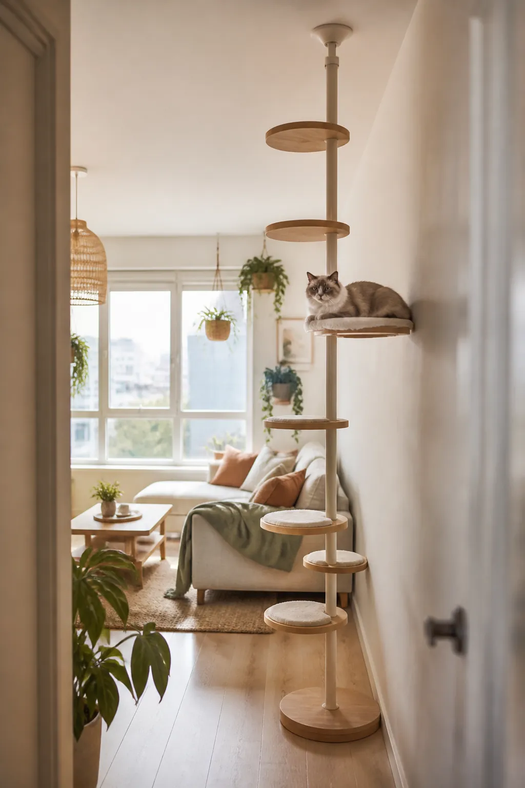 Floor-to-ceiling tension pole with catwalk platforms wedged between the floor and ceiling