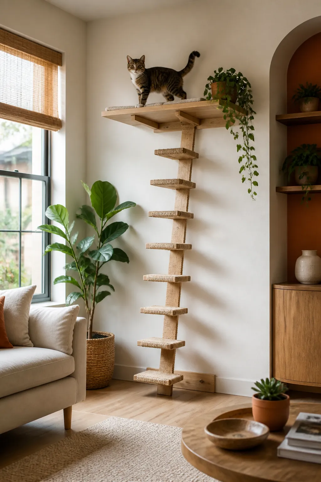Wide wall shelf fixed at the top of a cat ladder with a cat standing on it