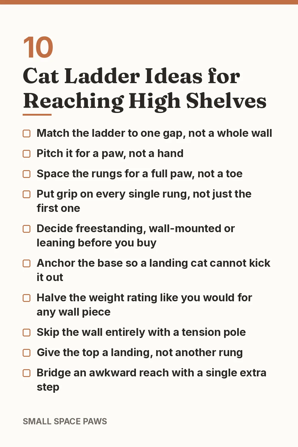Checklist of every idea in 10 Cat Ladder Ideas for Reaching High Shelves