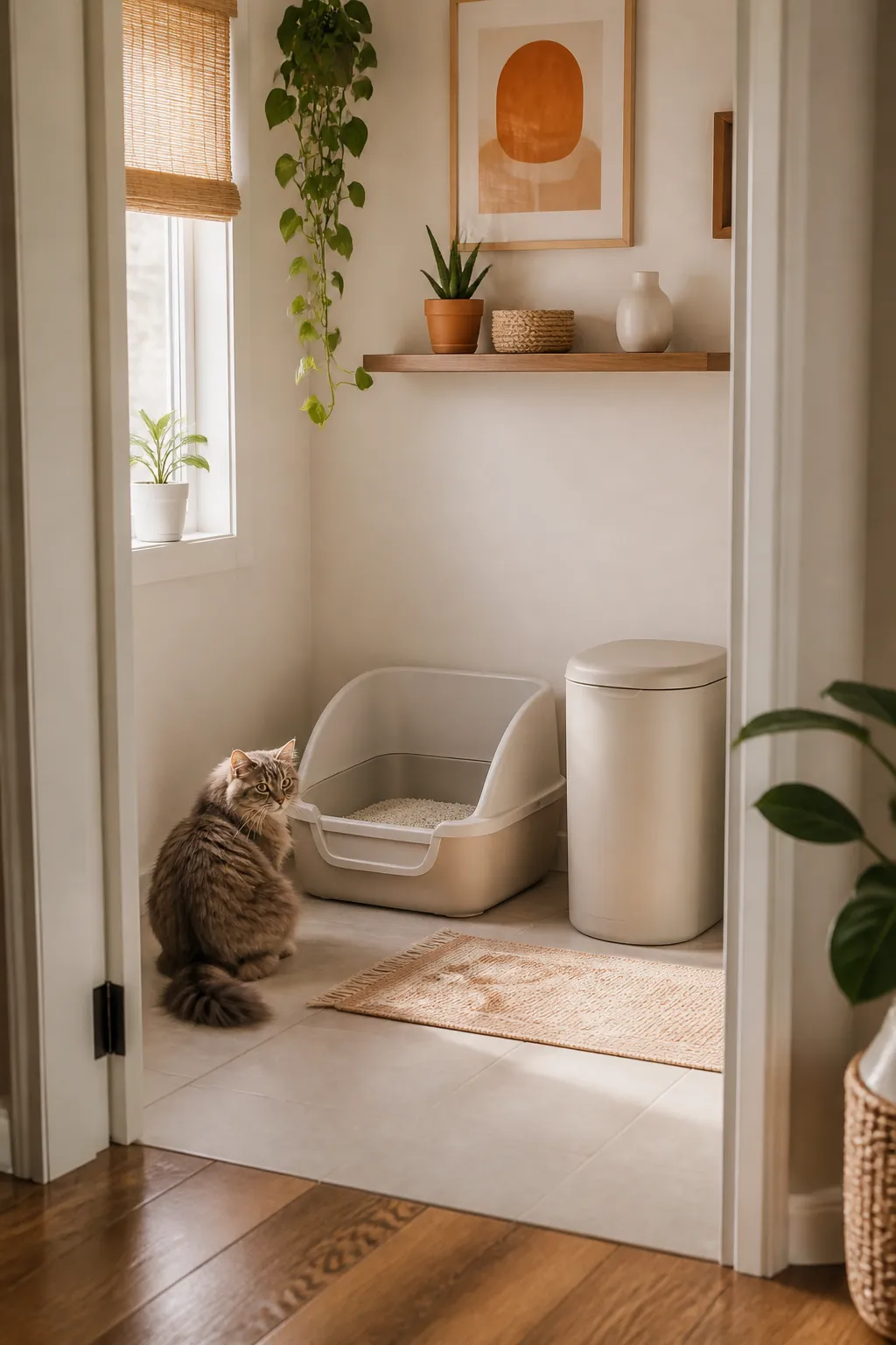 Sealing litter disposal pail standing directly beside an open litter box