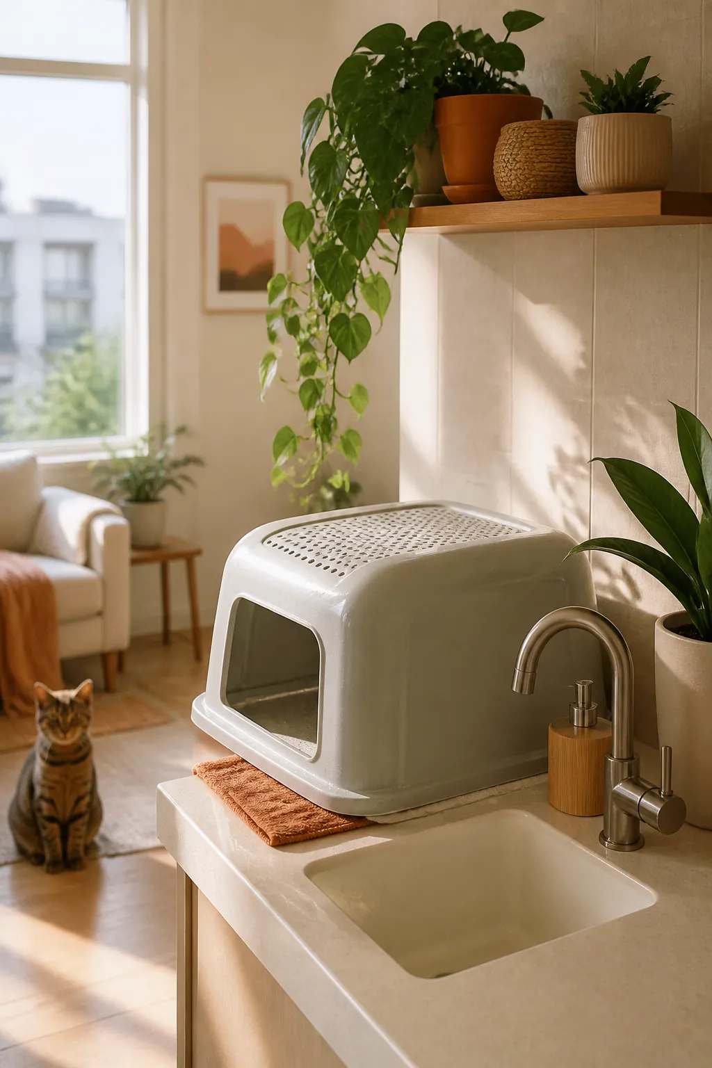 Empty litter pan drying upside down beside a sink after being washed